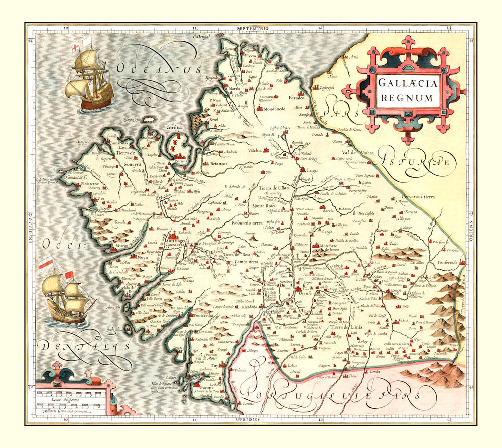 Vintage Map of Galicia Spain, 1623 print style example