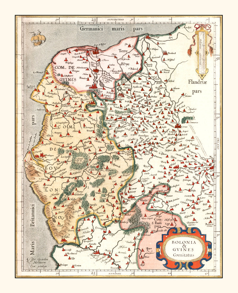 Size comparison using Vintage Map of Boulon & Guines France, 1623