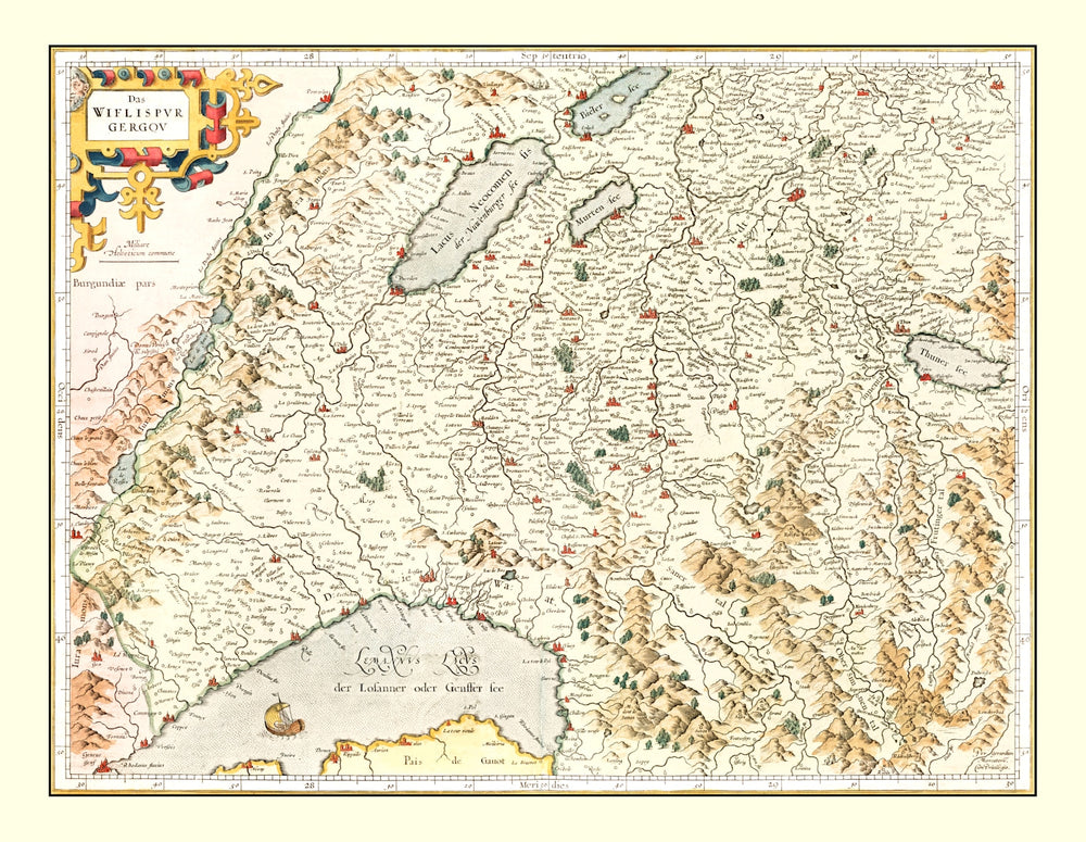 Vintage Map of Switzerland (Das Wiflispurgergou), 1623 print style example
