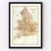 England, Wales Vintage Map 1871