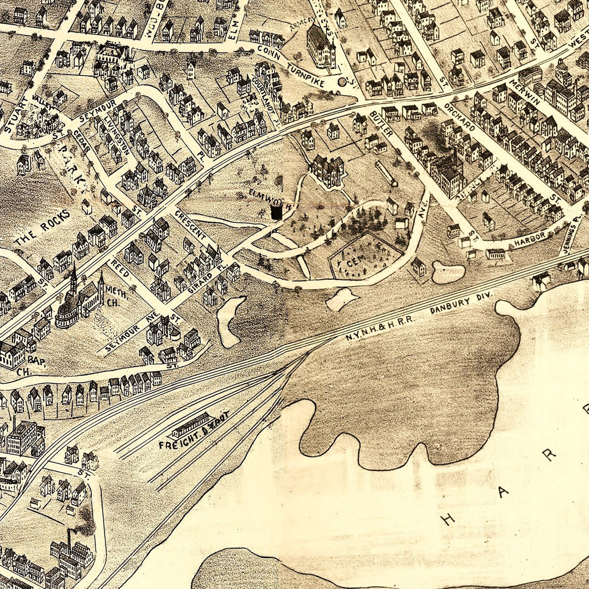 Restored historic details from the 1899 city map of Norwalk, Connecticut