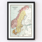 Sweden, Norway, Denmark Vintage Map 1871