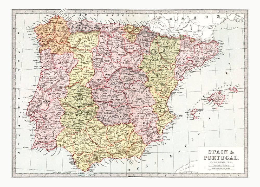 Vintage Map of Spain & Portugal 1871 print style example