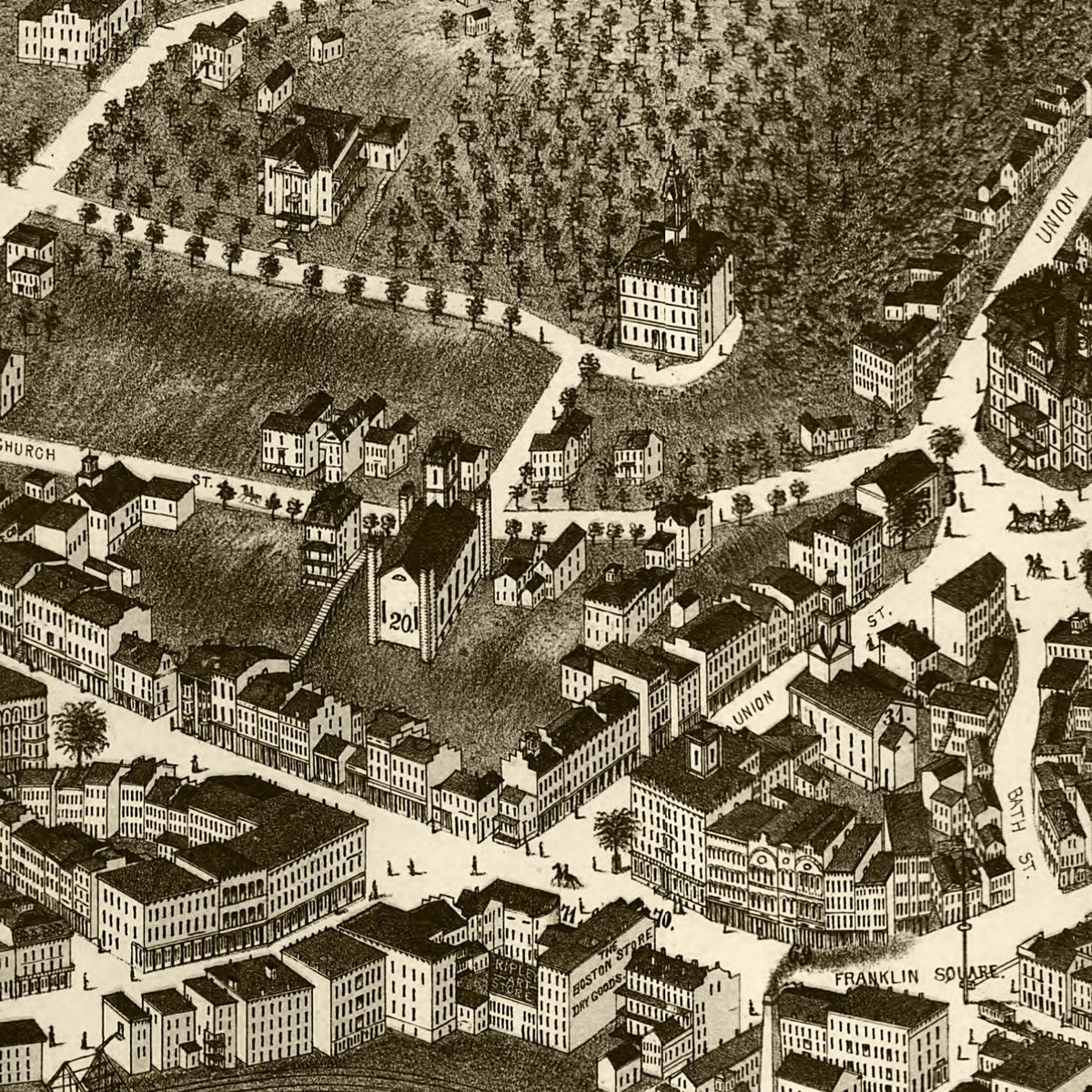 Restored historic details from the 1876 city map of Norwich, Connecticut