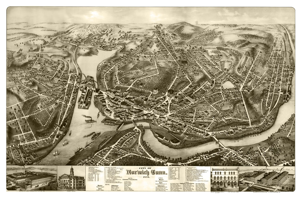 Vintage Map of Norwich, Connecticut 1876 print style example