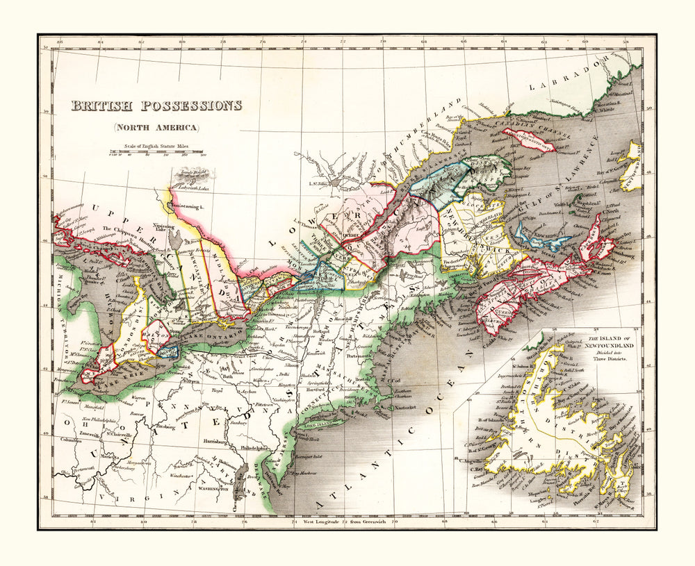 Vintage Map of British Possessions in North America 1832 print style example