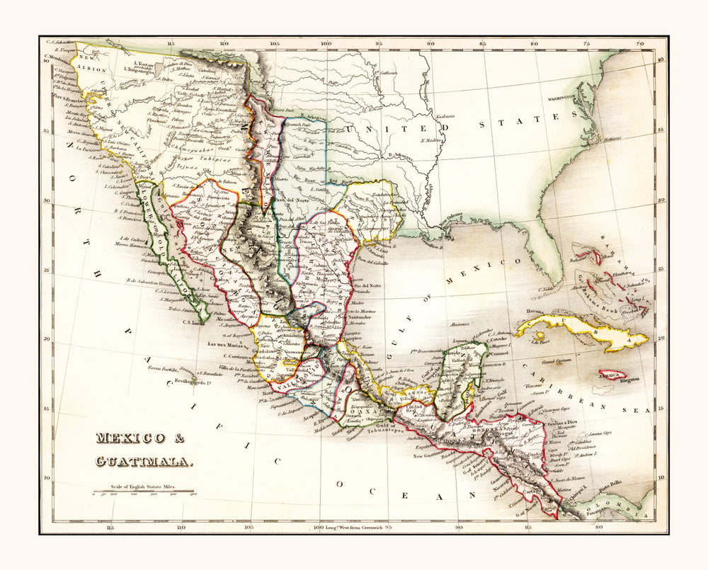 Vintage Map of Mexico & Guatemala 1832 print style example