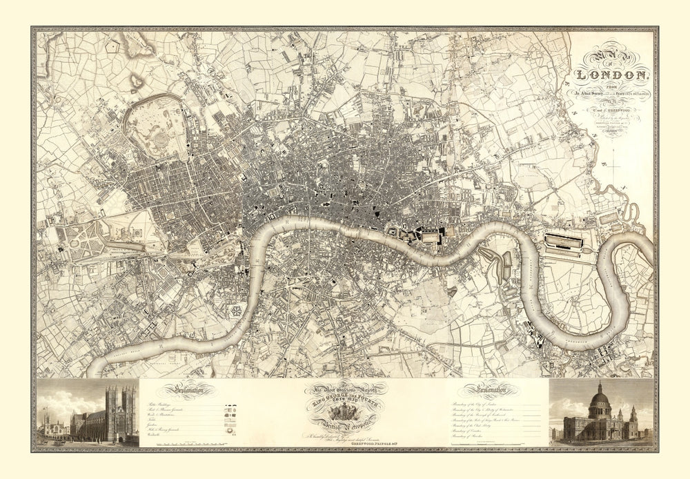 Vintage Map of London, England 1827 print style example