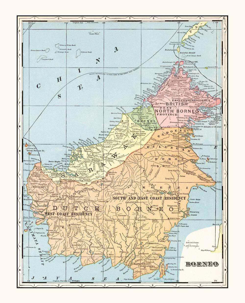 Vintage Map of Borneo, East Indies 1901 print style example
