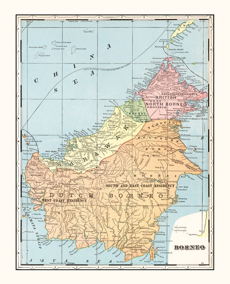 Size comparison using Vintage Map of Borneo, East Indies 1901