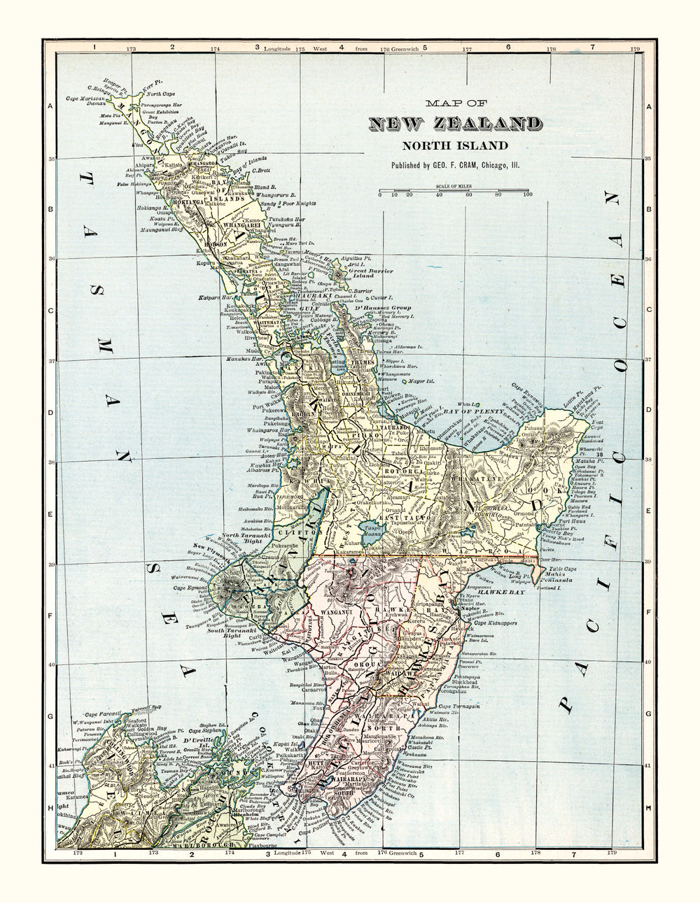 Vintage Map of New Zealand (North Island) 1901 print style example