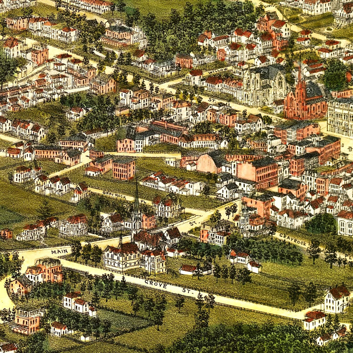 Restored historic details from the 1883 city map of Stamford, Connecticut