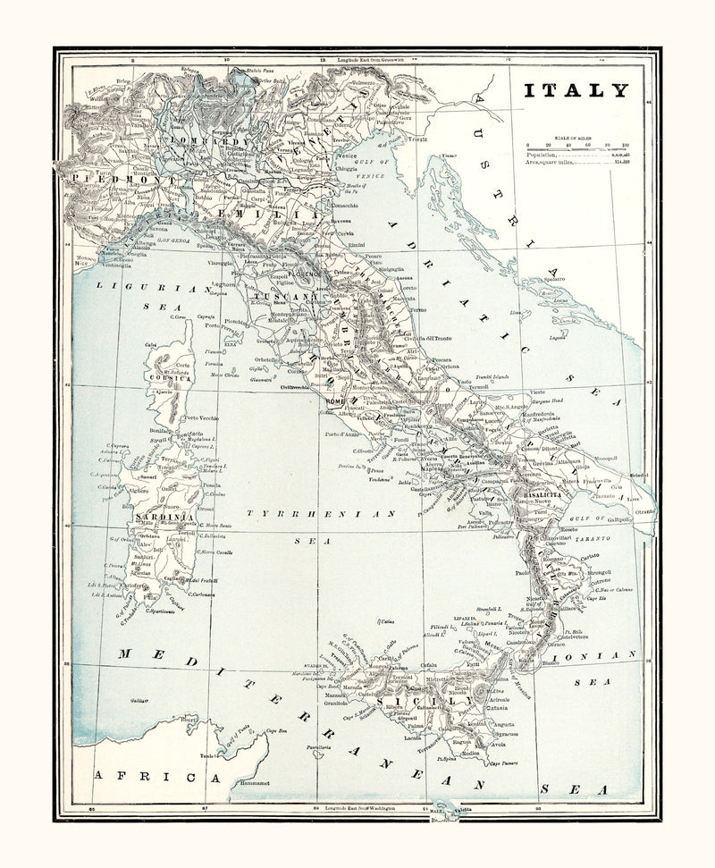 Size comparison using Vintage Map of Italy 1893
