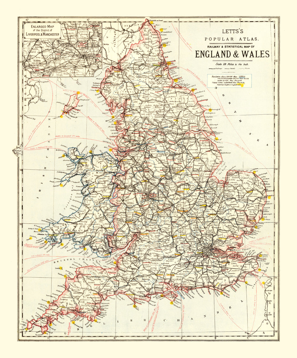 Vintage Railway Map of England & Wales 1883 print style example