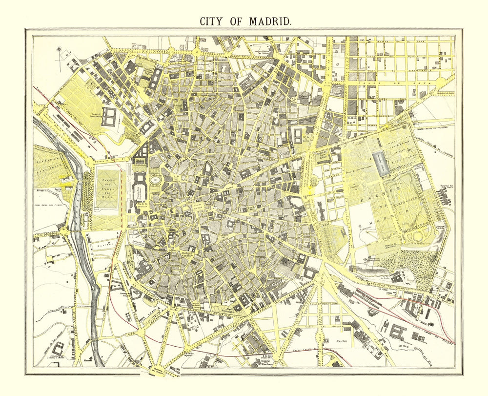 Vintage Map of Madrid, Spain 1883 print style example
