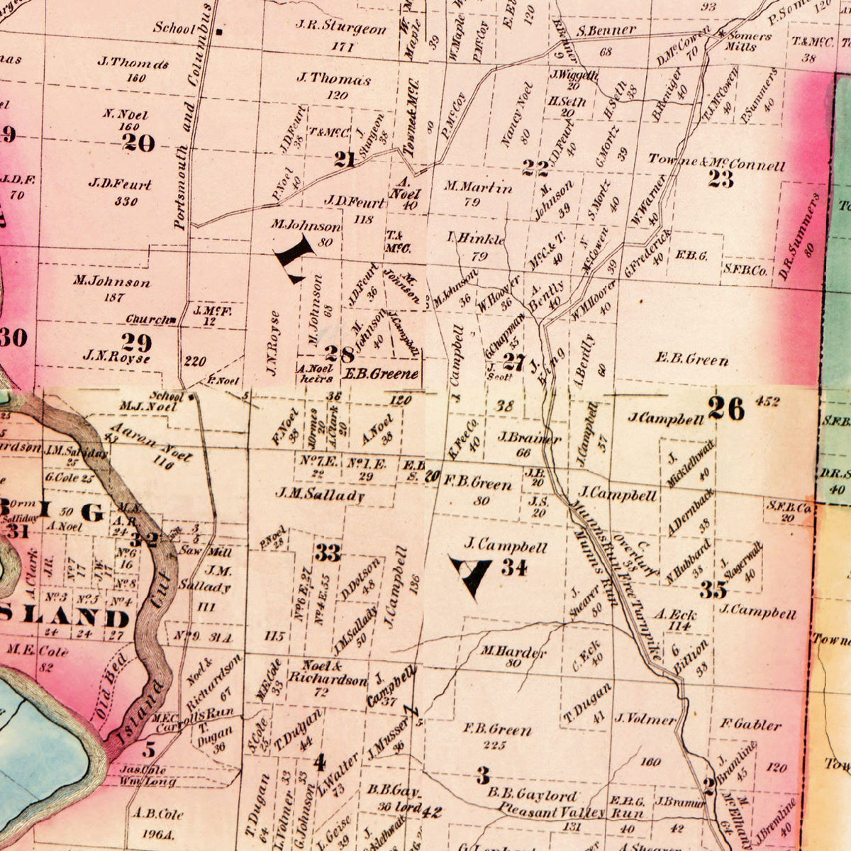 Restored historic details from the 1875 county map of Scioto County, Ohio