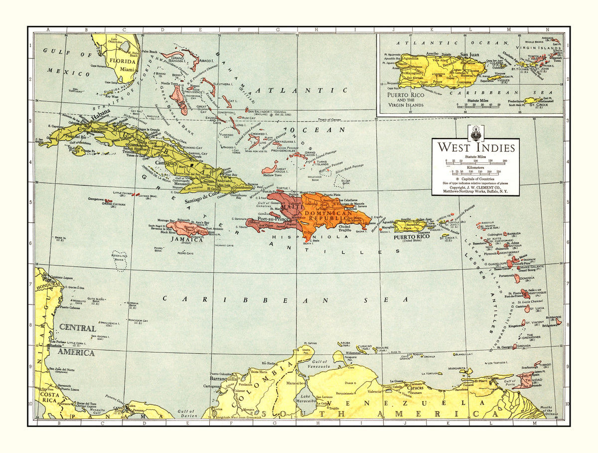 Preview of Vintage Map of Caribbean Sea 1943
