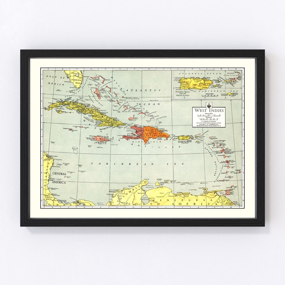 Puerto Rico, Cuba, Dominican Republic, The Bahamas, West Indies Vintage Map 1943