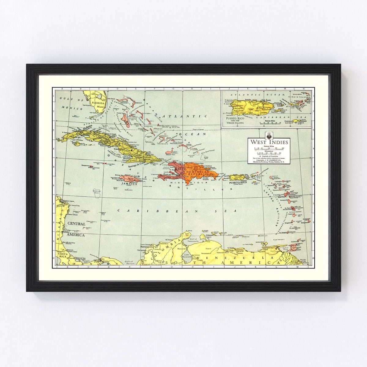 Puerto Rico, Cuba, Dominican Republic, The Bahamas, West Indies Vintage Map 1943