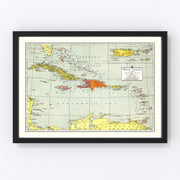 Puerto Rico, Cuba, Dominican Republic, The Bahamas, West Indies Vintage Map 1943