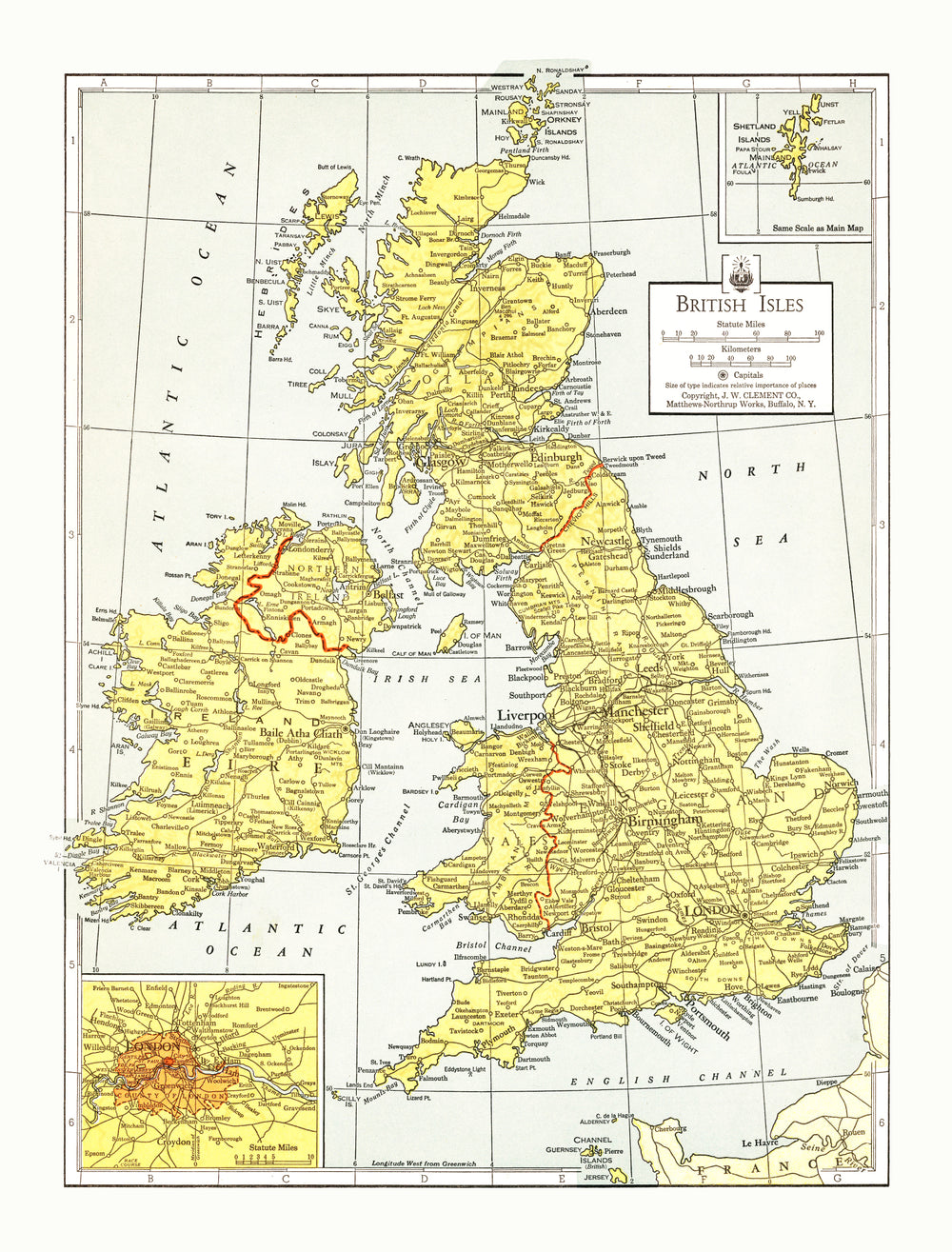 Vintage Map of British Isles 1943 print style example