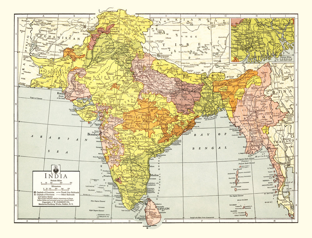 Vintage Map of India 1943 print style example