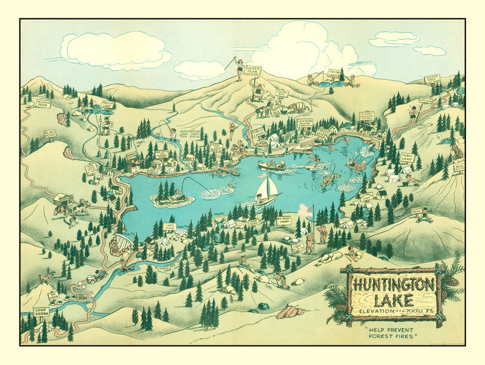 Vintage Map of Huntington Lake 1940 print style example