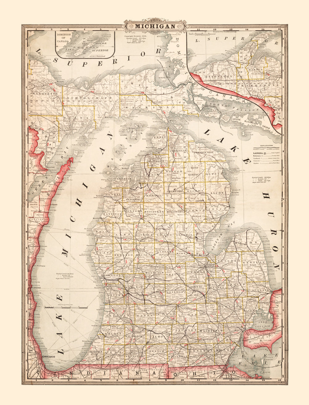 Vintage Map of Michigan 1882 print style example