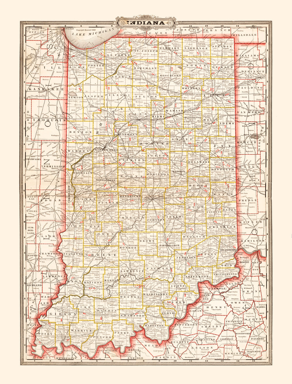 Vintage Map of Indiana 1882 print style example