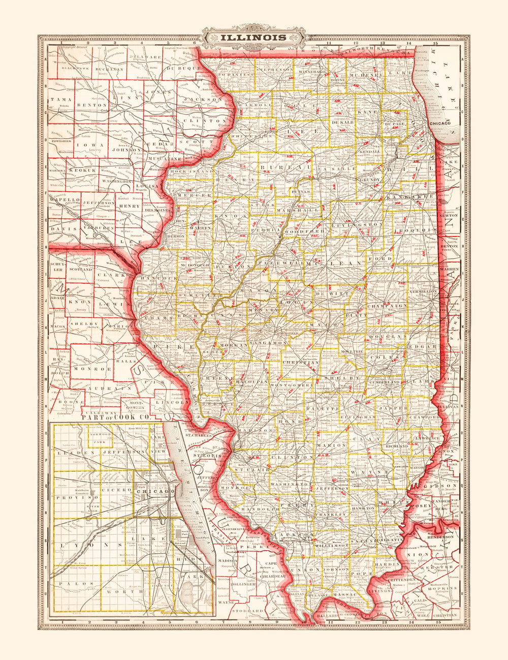 Vintage Map of Illinois 1882 print style example