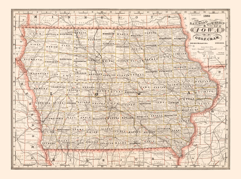 Vintage Railroad Map of Iowa 1882 print style example