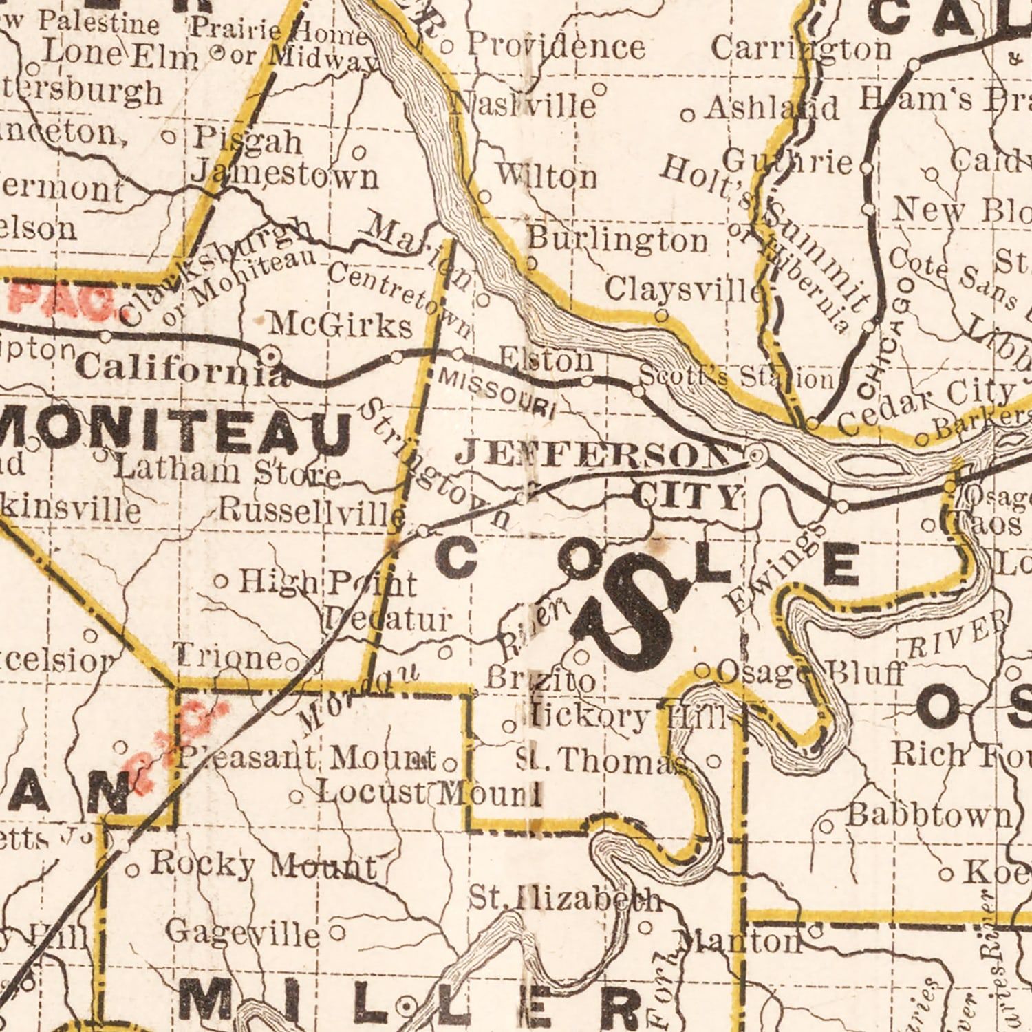 Restored historic details from the 1882 state map of County, Missouri