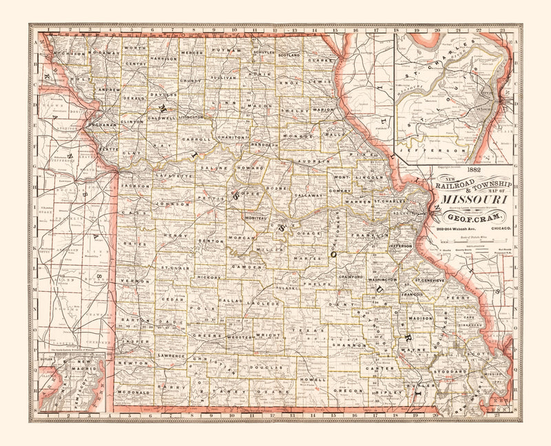 Size comparison using Vintage Railroad Map of Missouri 1882