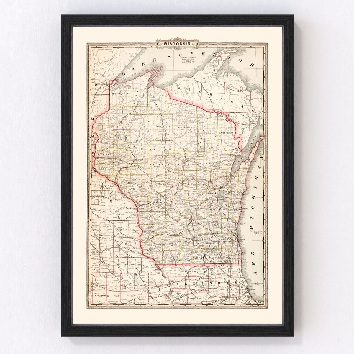 Wisconsin Vintage Map 1882