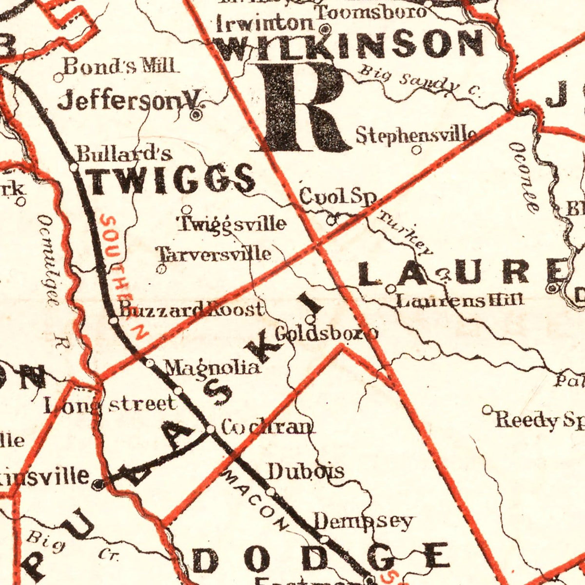 Restored historic details from the 1882 state map of County, Georgia