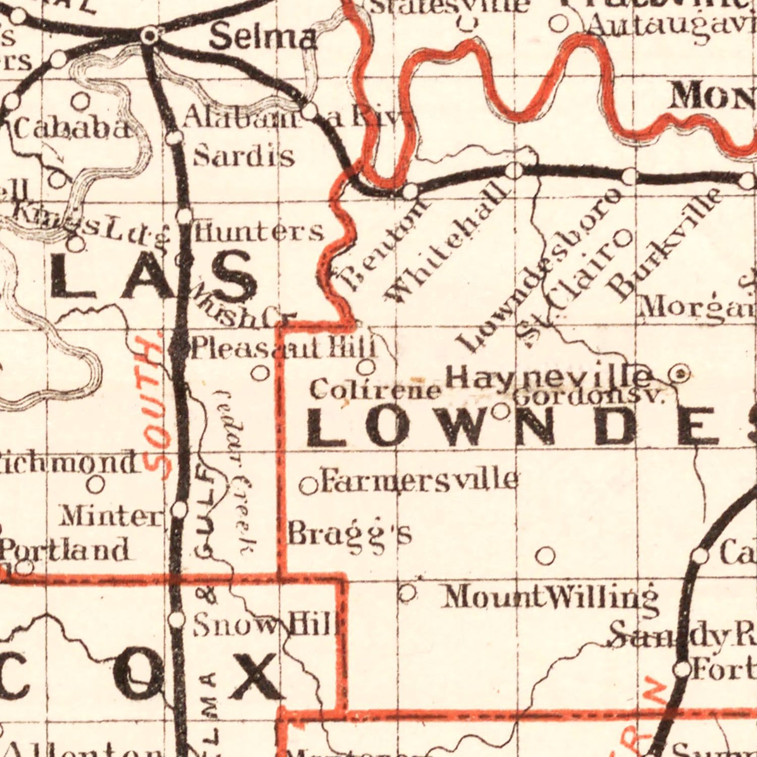 Restored historic details from the 1882 state map of County, Alabama