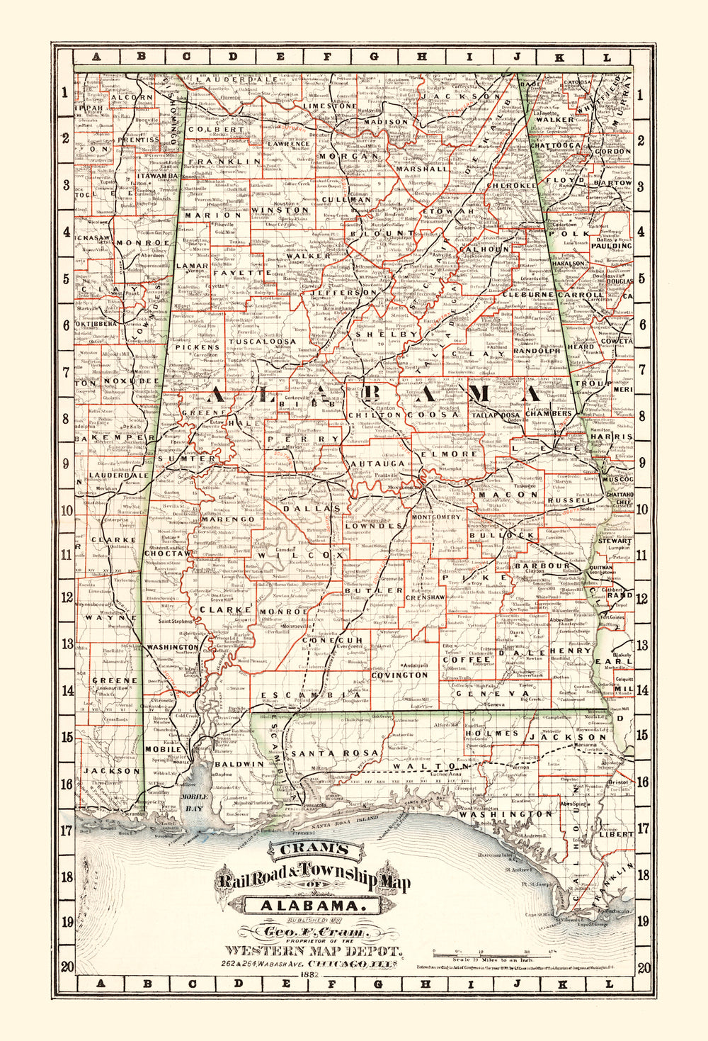 Vintage Railroad Map of Alabama 1882 print style example