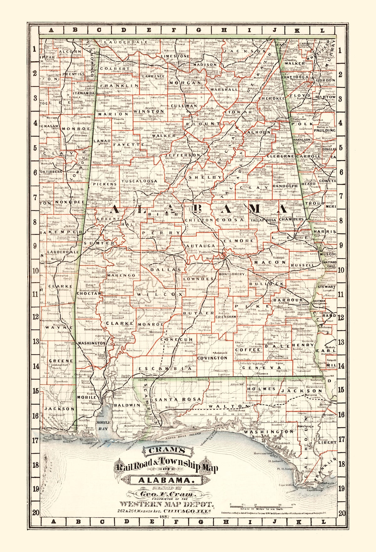 Preview of Vintage Railroad Map of Alabama 1882