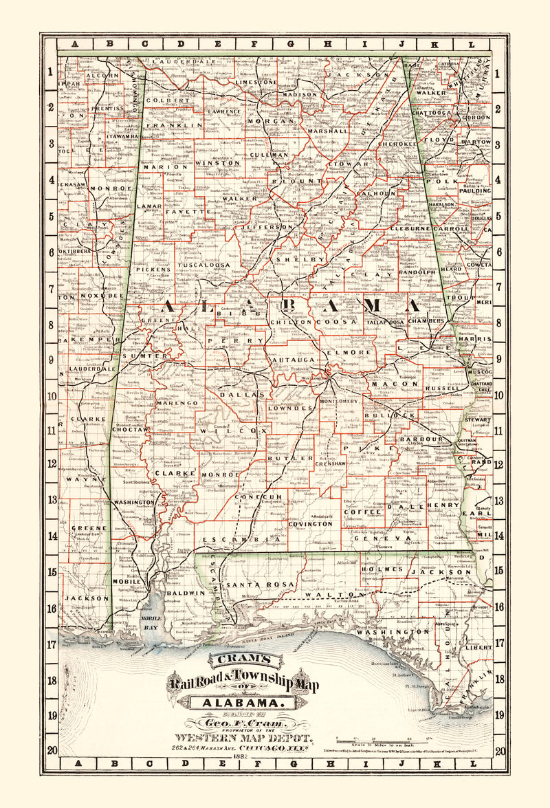 Size comparison using Vintage Railroad Map of Alabama 1882
