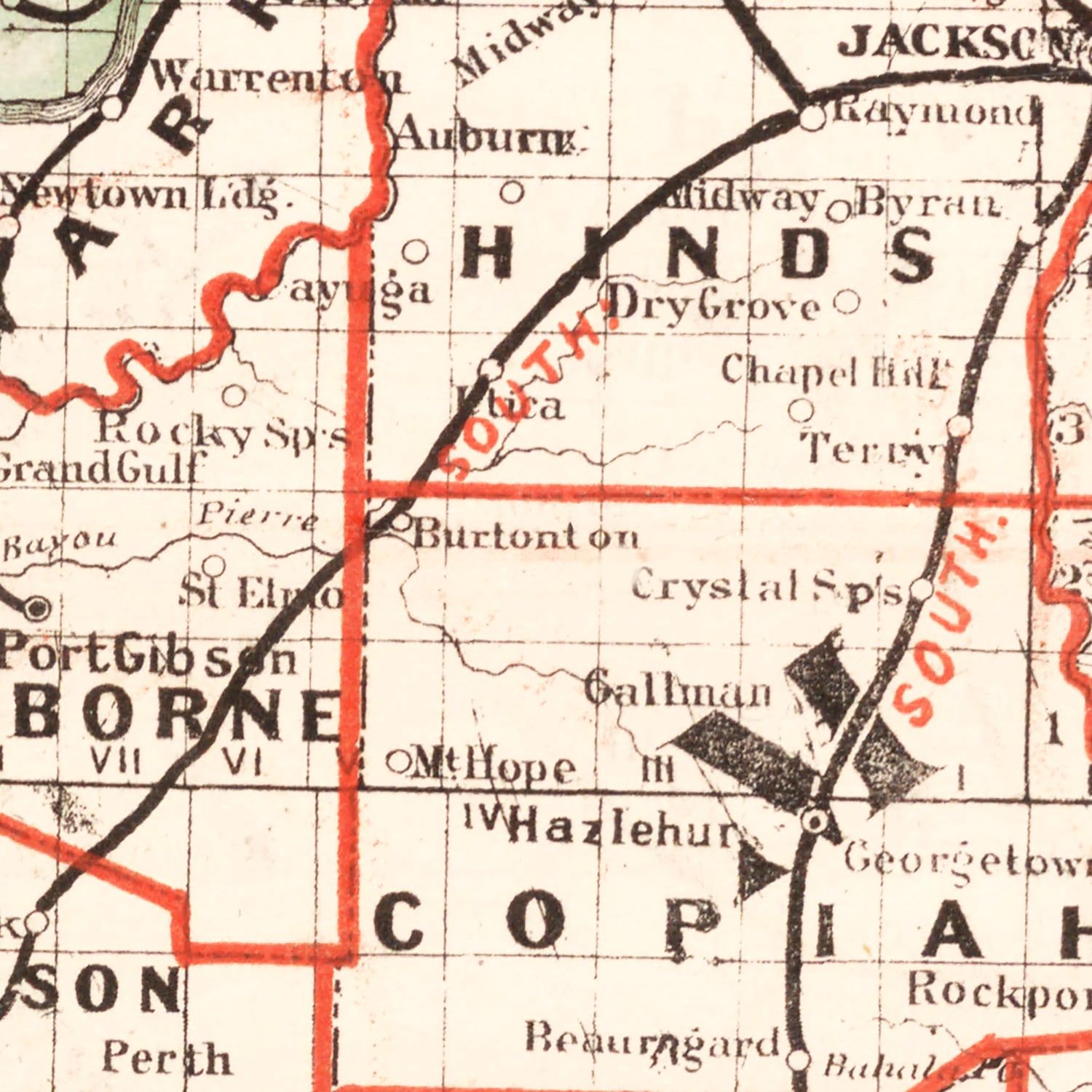 Restored historic details from the 1882 state map of County, Mississippi