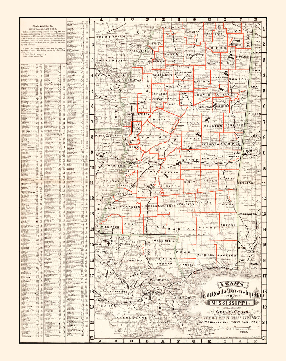 Vintage Railroad Map of Mississippi 1882 print style example