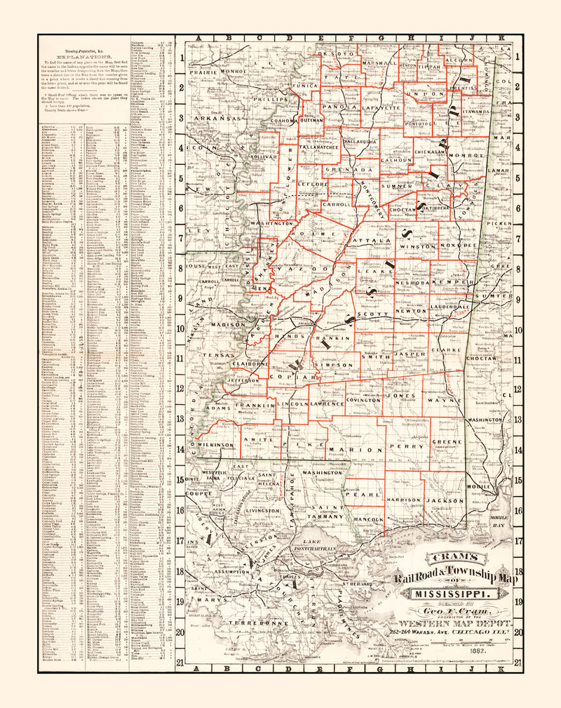 Size comparison using Vintage Railroad Map of Mississippi 1882
