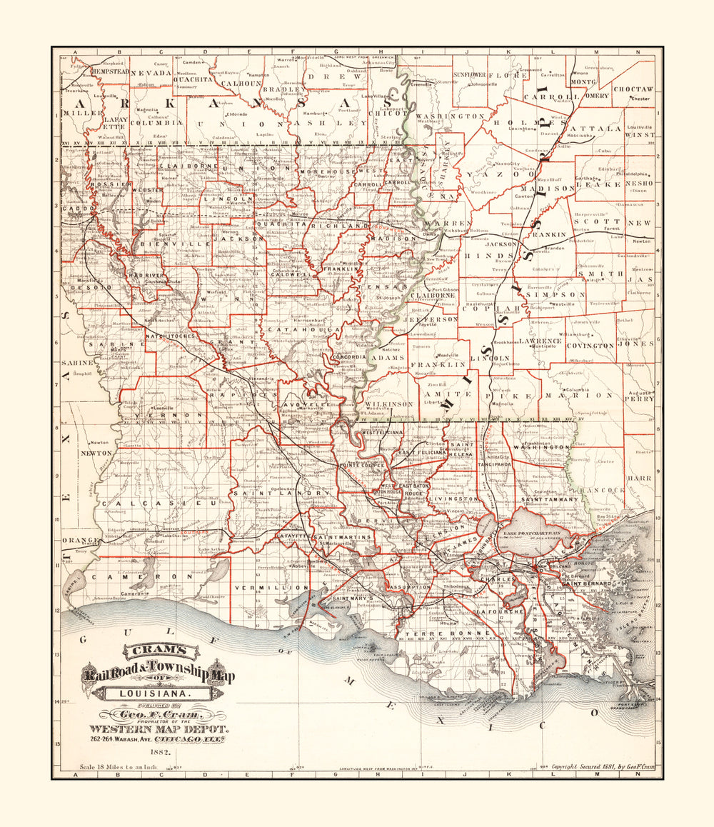 Vintage Railroad Map of Louisiana 1882 print style example