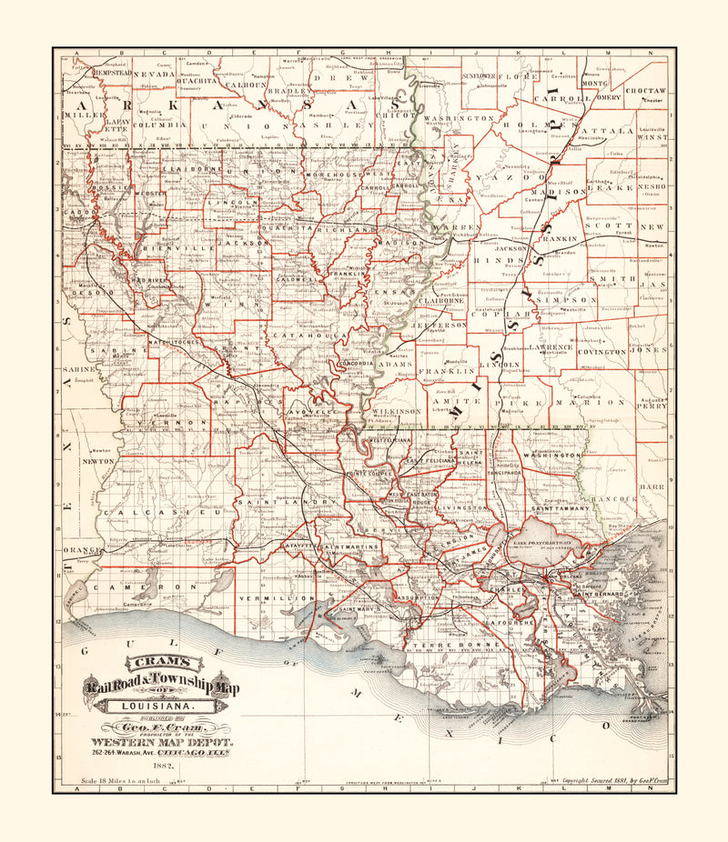 Size comparison using Vintage Railroad Map of Louisiana 1882