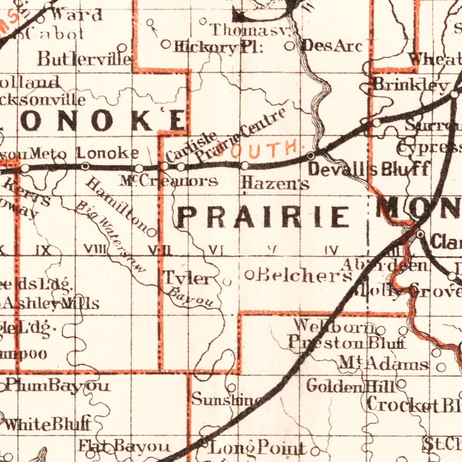 Restored historic details from the 1882 state map of County, Arkansas
