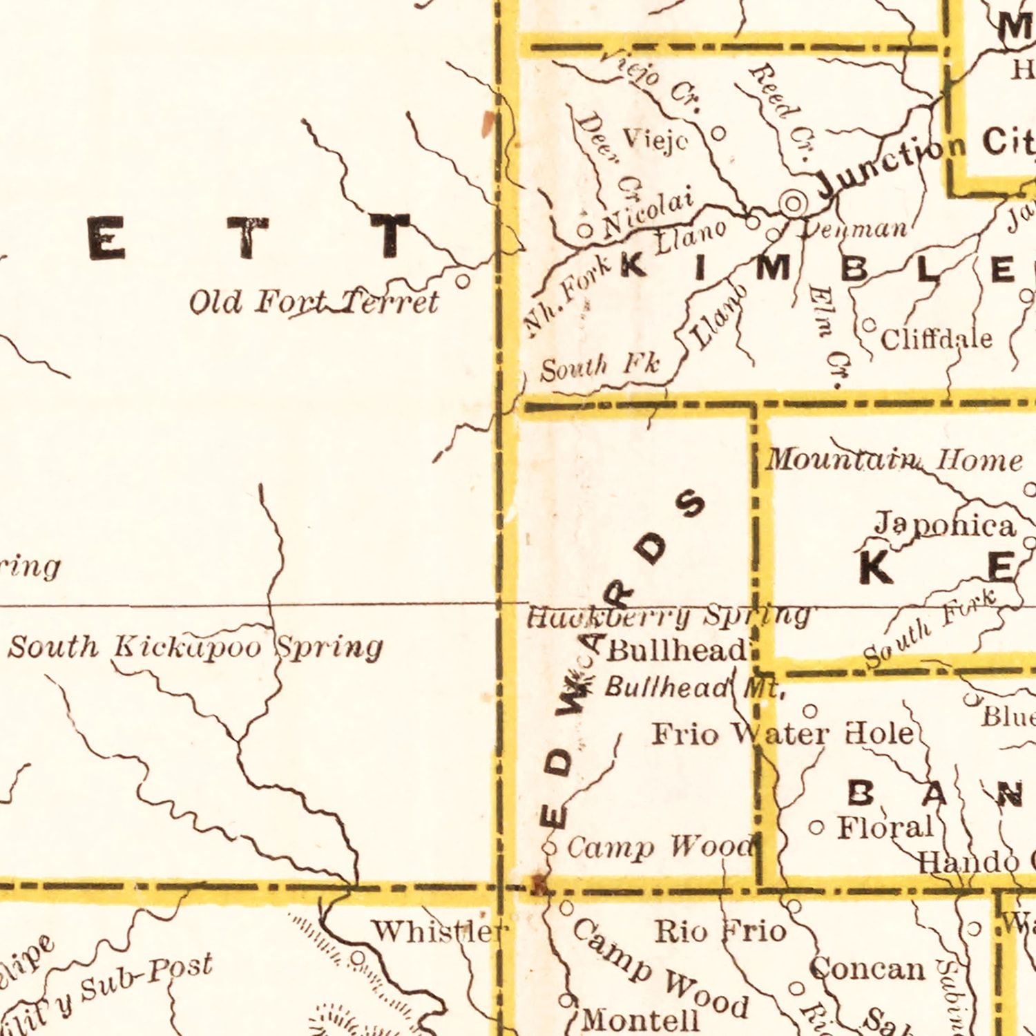 Restored historic details from the 1882 state map of County, Texas