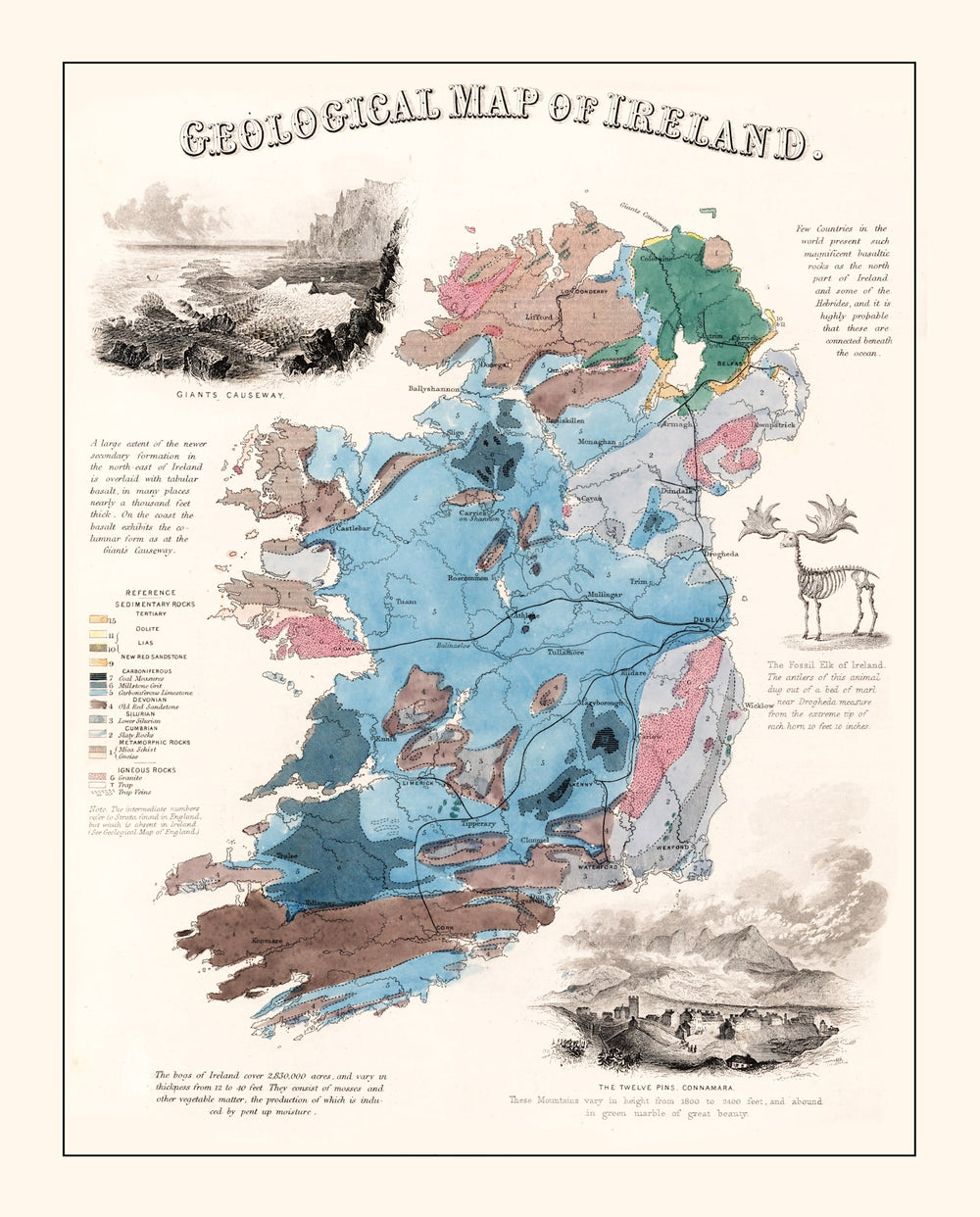 Vintage Geological Map of Ireland 1850 print style example