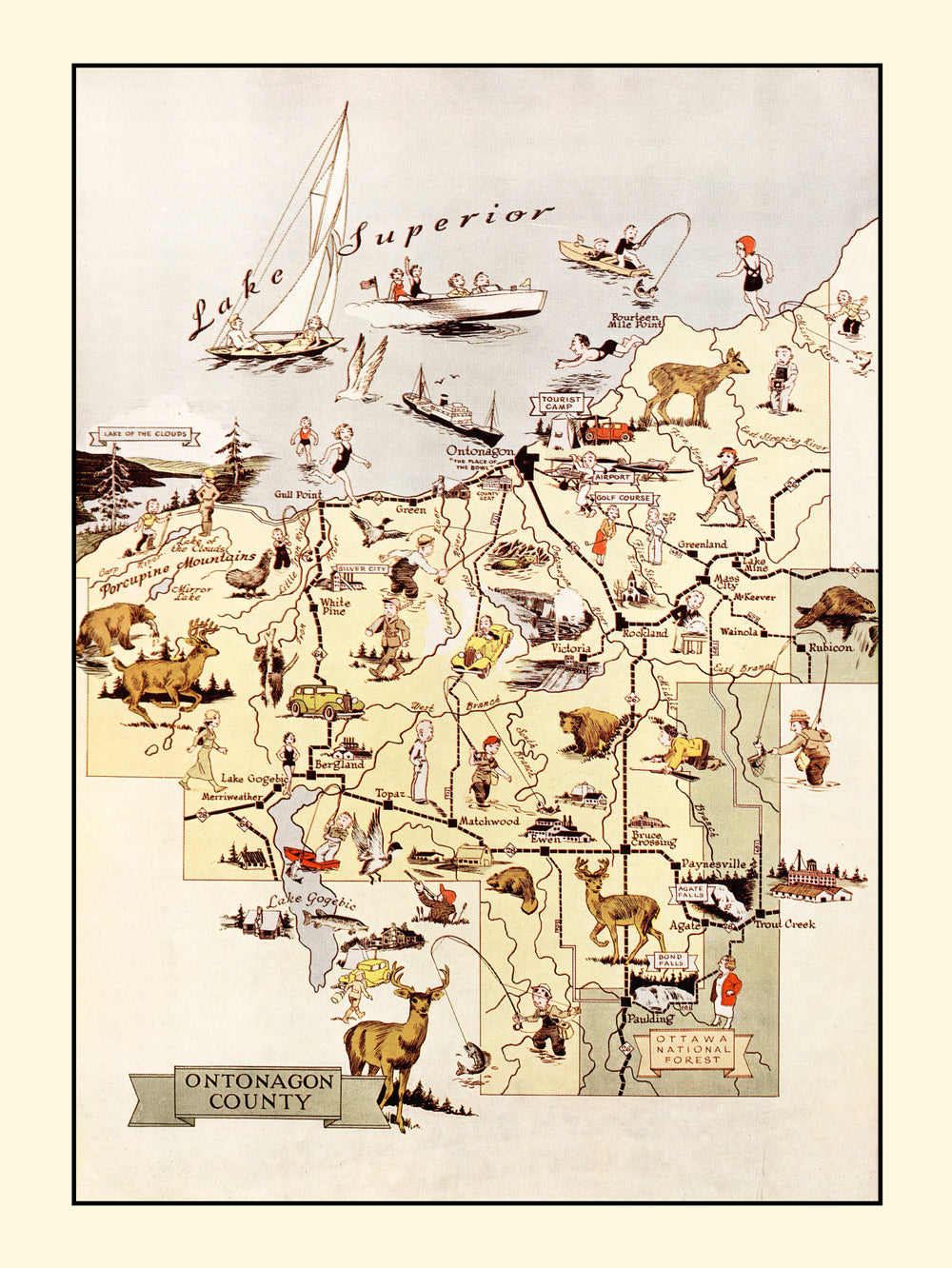Vintage Map of Ontonagon County, Michigan 1936 print style example