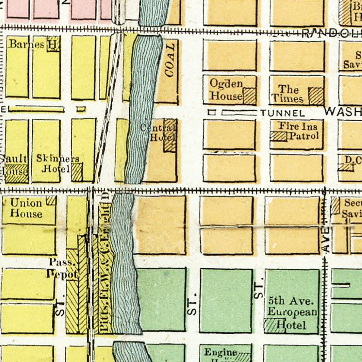 Restored historic details from the 1875 city map of Chicago, Illinois