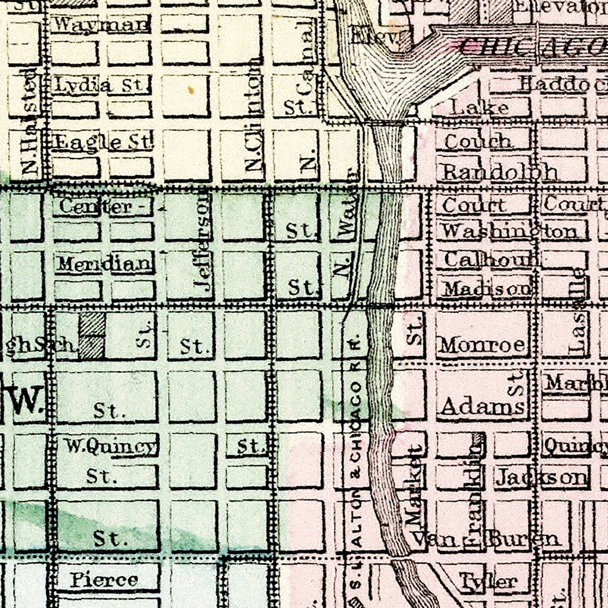 Restored historic details from the 1874 city map of Chicago, Illinois